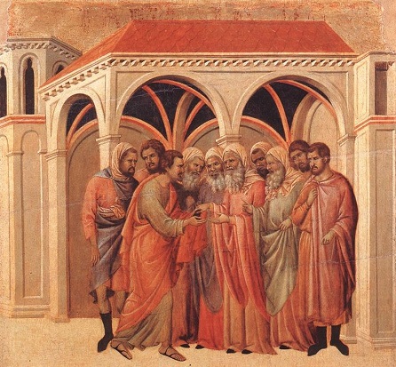 Jidáš při smlouvání s kněžími, Duccio di Buoninsegna, počátek 14. století, volné dílo