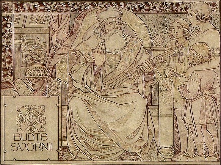 Moderné spodobnenie alegórie Svätopluka a troch prútov, na zobrazení s tromi synmi - Mojmírom II., Svätoplukom II. a Pre