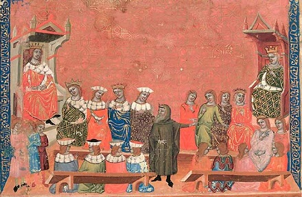 Svätopluk prezlečený za mnícha pred východofranským kráľom Arnulfom. Ľavou rukou ukazuje pravdepodobne na svoju ženu, kt