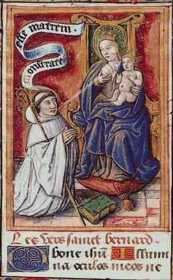 Bernard z Clairvaux a Panna Marie na miniatuře z 15. století, volné dílo