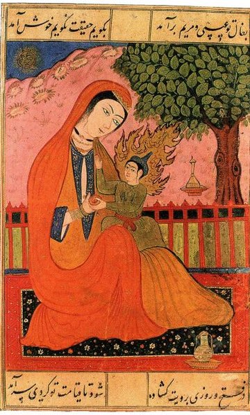 Virgin Mary and Jesus (old Persian miniature) volné dílo, wiki..