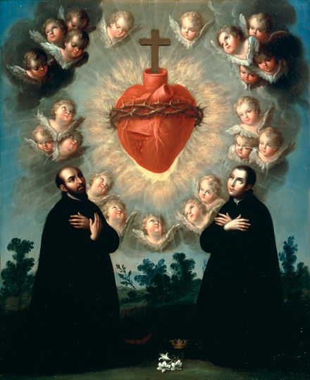 Svaté srdce Ježíšovo s sv. Ignácem z Loyoly a sv. Luigi Gonzaga, José de Páez, volné dílo, it.wikipedia.org 