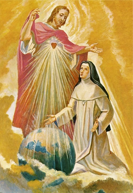 V obrazu Posvátné Srdce Ježíšovo posílá Svou milost na svět prostřednictvím přímluvy Sestry Marie Božského Srdce, volné 