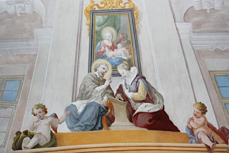 Královna Žofie u zpovědi u Jana Nepomuckého (freska v kostele v Tullnu)|foto: GuentherZ,Wikimedia Commons,CC BY 3.0,©