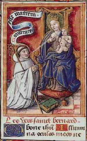 Bernard z Clairvaux a Panna Marie na miniatuře z 15. století, volné dílo