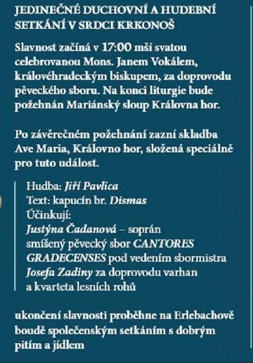 Požehnání nového Mariánského sloupu, víkend 15. - 17. 8. 2025, v Krkonoších