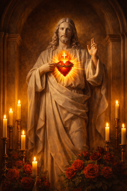 Patung Hati Kudus Yesus dengan Lilin dan Mawar - HD Wallpaper | God, CC BY-SA 4.0 Pictures, 